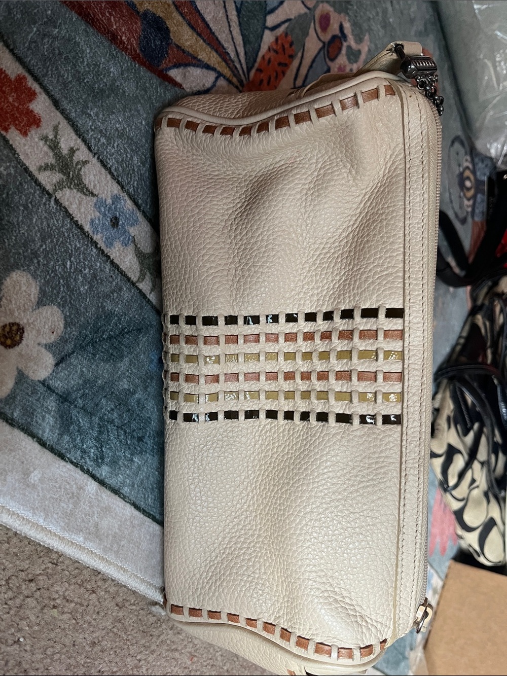 Brighton Cream Leather Woven-Accent Wristlet